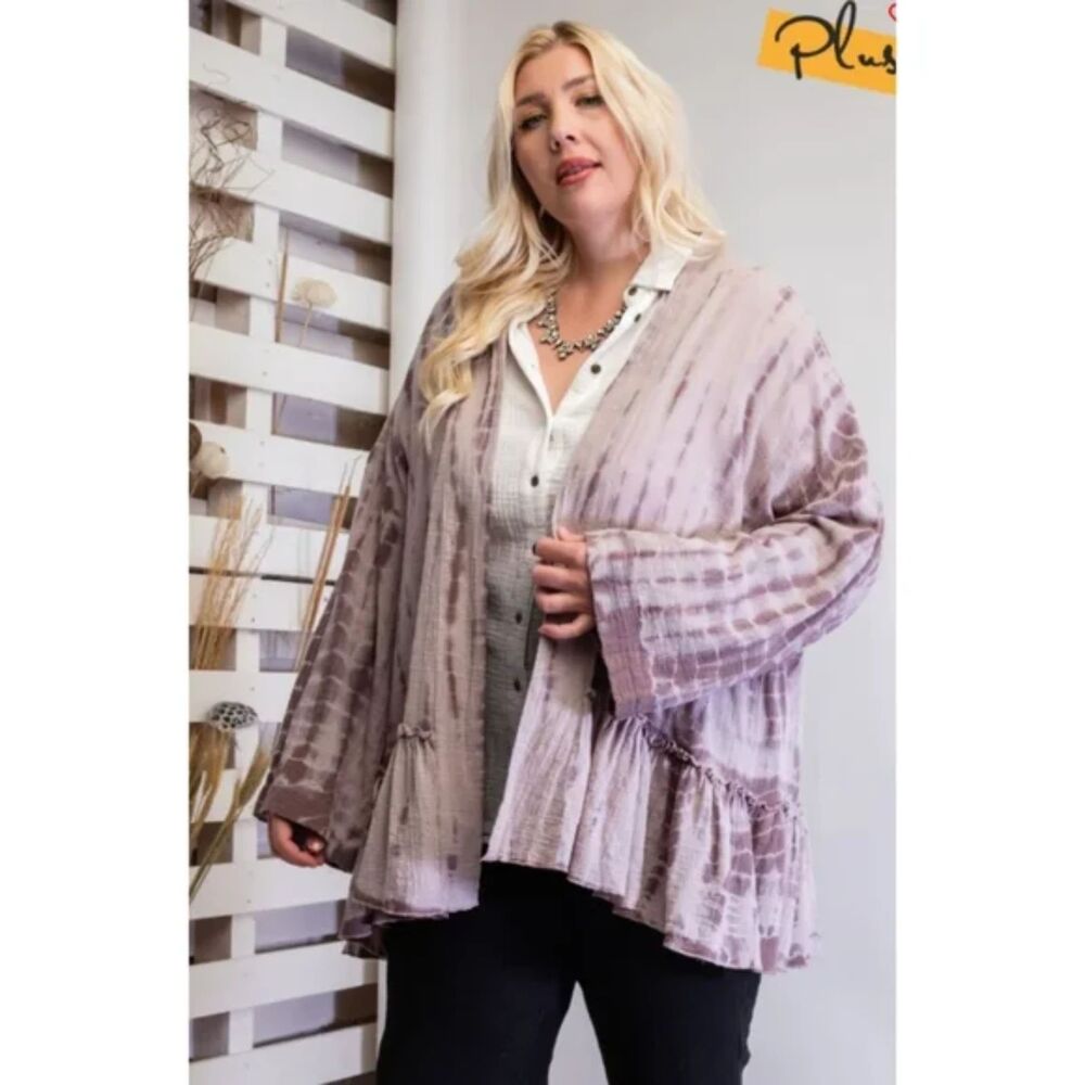 Easel Tie Dye Kimono Plus Size 1X Multicolor Open Front Gauzy Ruffle Long Sleeve